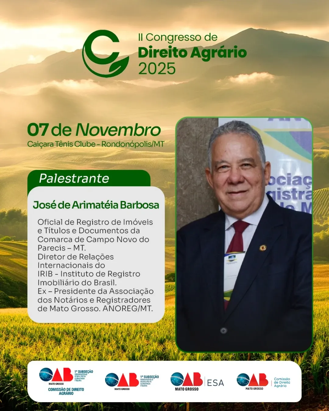 Oficial José de Arimatéia Barbosa será palestrante no II Congresso de Direito Agrário 2025