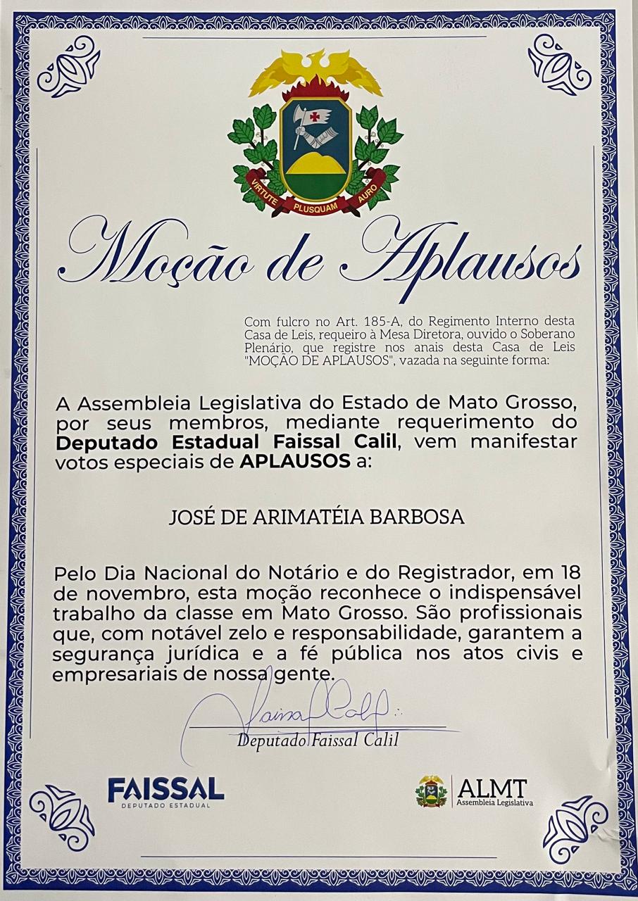 José de Arimatéia Barbosa recebe Moção de Aplausos da Assembleia Legislativa de Mato Grosso