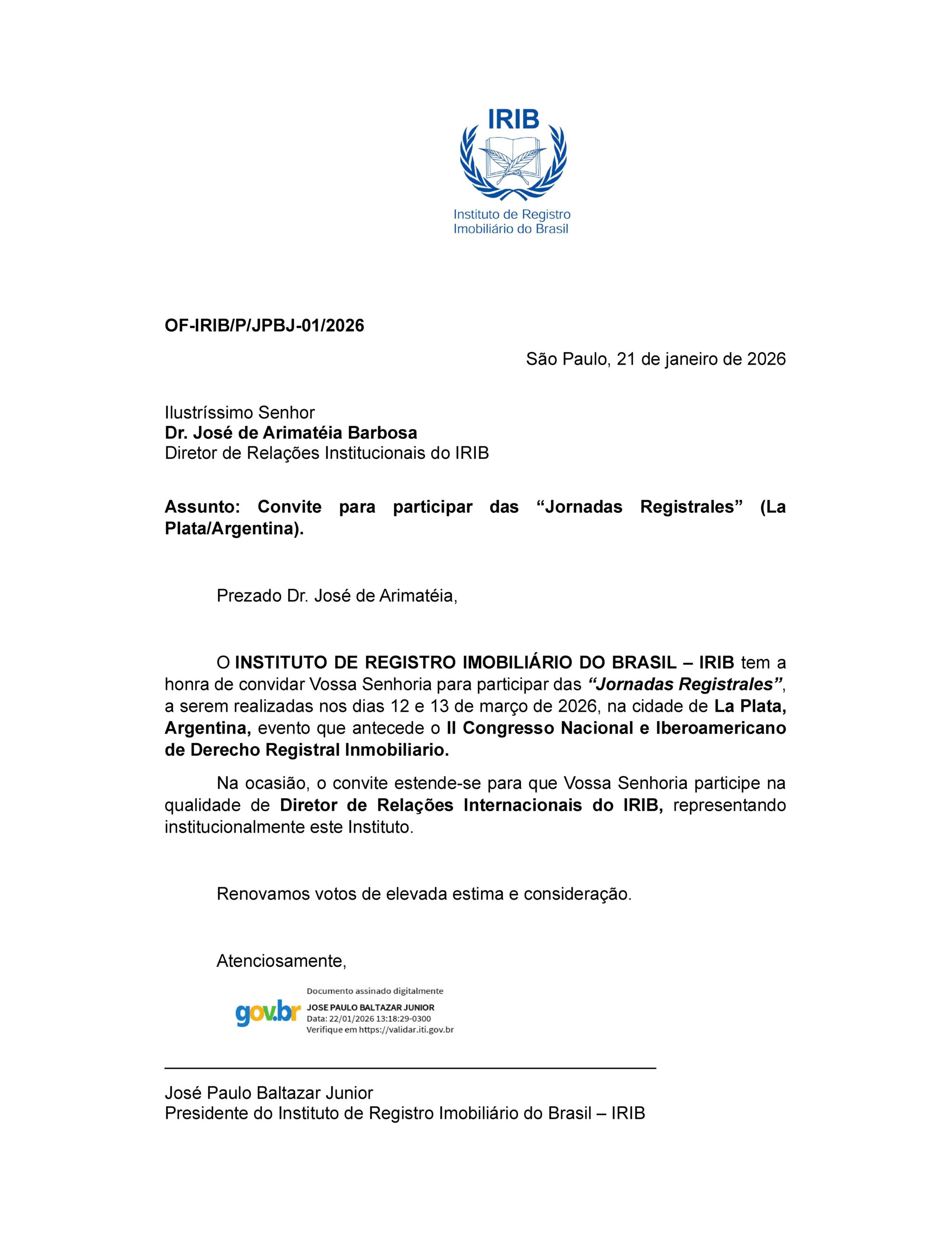 Convite do IRIB para participação nas Jornadas Registrales 2026