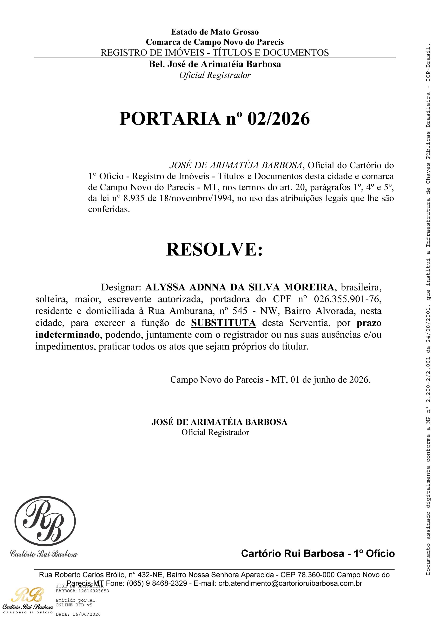 Portaria nº 2/2026 – Cartório Rui Barbosa